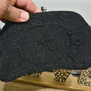 Vintage Small Black Silk Beaded Clutch Evening Bag Purse Formal  Party Prom